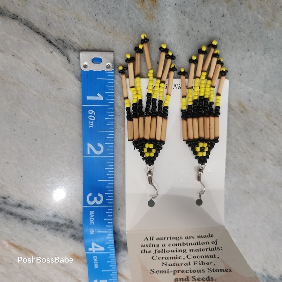 Handmade Nicaraguan Beaded Fringe Earrings Black Yellow Tribal 3" - Picture 3 of 4